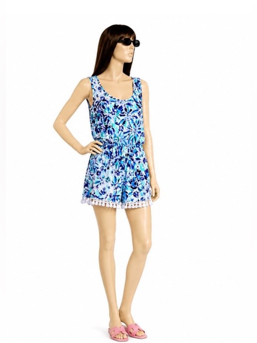 Lilly Pulitzer Jarrett Romper Size S Blue Floral Fringe Tassel Faux Wrap Skort